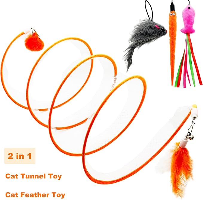Spiral Tunnel Cat Toy, Self Play Cat Hunting Spiral Tunnel Toy Spiral Cat Toy, Folded Cat Tunnel Spring Toy for Indoor Cats (Orange)