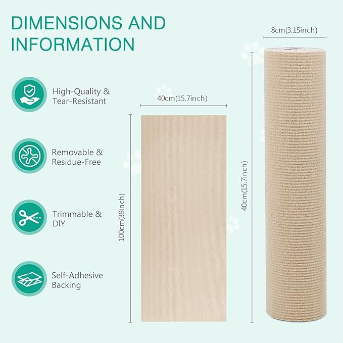 ORIA Cat Scratch Mat, Cat Wall Climbing Carpet, Trimmable Self-Adhesive Cat Scratch Furniture Protector, for Cat Tree, Cat Shelves, Indoor Cats Kitten, 1 Meter, Beige