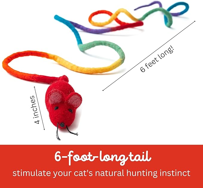 Catch a Mouse by The Tail Wool Cat Mouse Toy with a 6-Ft Tail for Indoor Cats Kittens. Cute Toy Mouse, Mouse Cat Toy, Rat Plush Toy, Fake Mice. No Catnip. Pride (Rainbow)