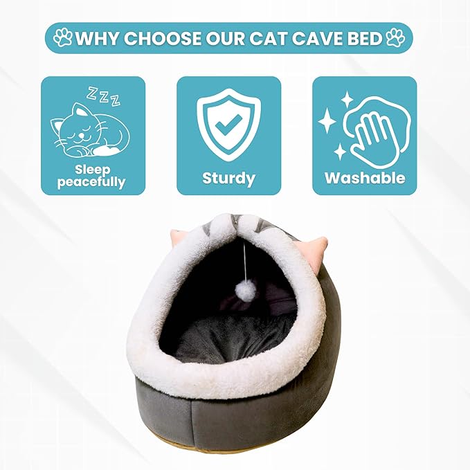 Johanna's Gateau Cat Bed Cave, Covered Cat Bed with Removable Washable Cushioned Pillow, Comfortable Warming Cat Beds for Indoor Cats, grey
