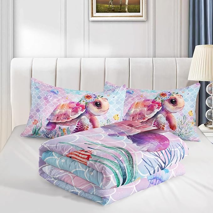 Axolotl Turtle Bedding Set Full,Colorful Underwater World Comforter Set for Kids Boys Girls Teens,Ocean Comforter Set with Jellyfish,Kids Bedding Set Print Colorful Fish Scales,1 Quilt 2 Pillowcases