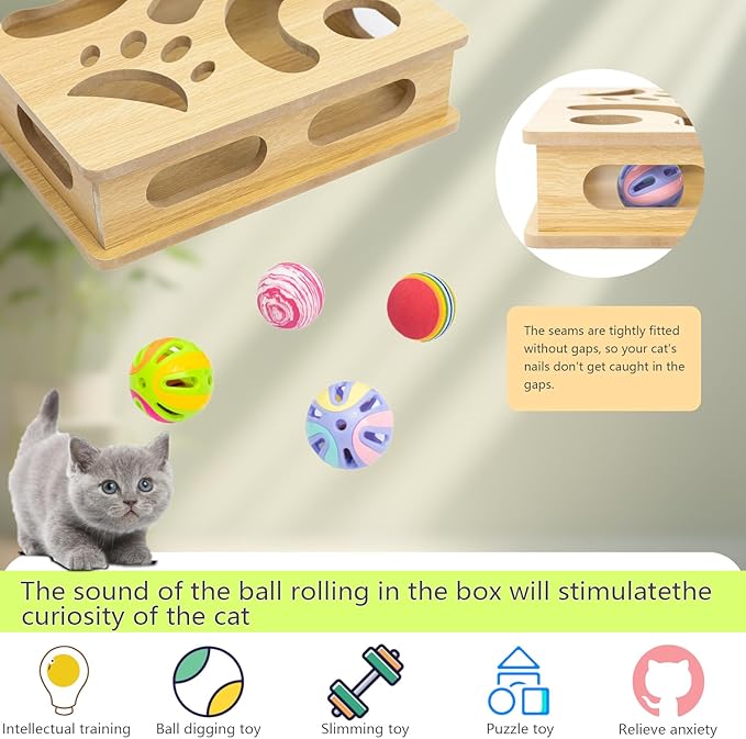 Interactive Cat Toys Puzzle Wood Box, Indoor Sports Entertainment Hunting Cat Toys, Stimulate Cat Sports Vitality (Burlywood)