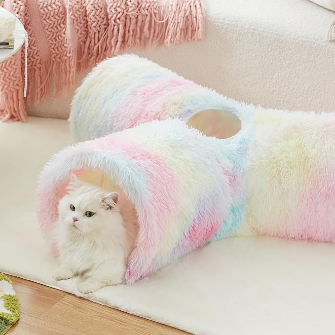 Tempcore Plush Pet Cat Tunnel Tube Cat Toys 3 Way Collapsible, Cat Tunnels for Indoor Cats，Kitty Tunnel Bored Cat Pet Toys Peek Hole Toy Ball Cat, Puppy, Kitty, Kitten, Rabbit Rainbow