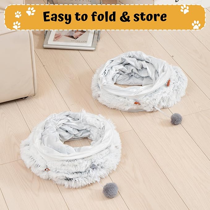 Avont Cat Tunnel Bed with Central Washable Cushion - Large Cat Tunnel Tube Toys 3 Shape to Play for Indoor Cats Kittens Puppies Ferret, Round Plush Fluffy Cat Bed with Tunnels -Grey