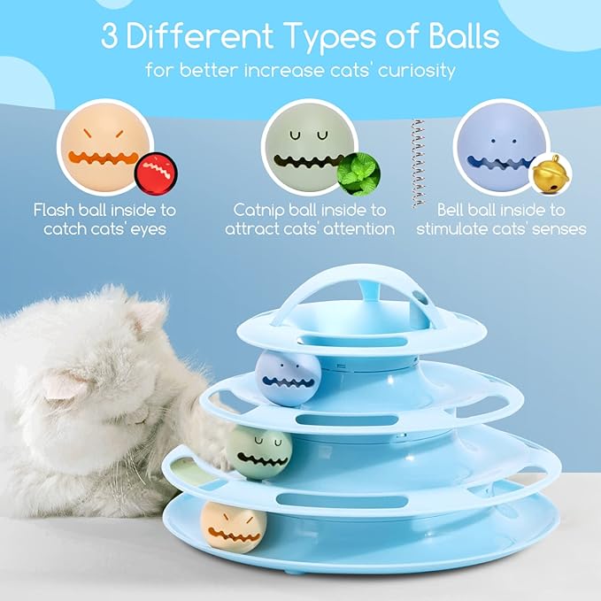 Nobleza Interactive Cat Toys for Indoor Cats, 4 Level Turntable Kitten Toy Ball Track with Catnip Flash Balls & Funny Cat Stick Toy, Cat Roller Toy for Stimulating Kitty Senses & Hunting Instincts