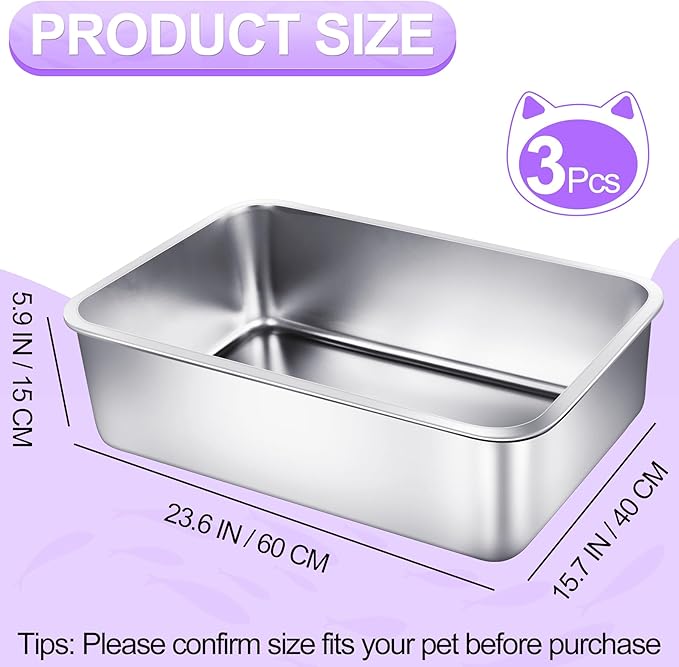 3 Pack Stainless Steel Cat Litter Boxes 23.6"L x 15.7"W x 5.9"H Extra Large Metal Litter Boxes with High Side Sturdy Aluminum Cat Litter Pans for Pet No Smell, Non Stick, Easy to Clean (XL)