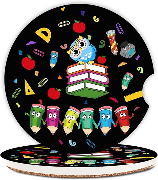 2 Pack Ceramic Cup Holders,Owl and Pencil Pattern Car Coasters Set for Women/Men,2.56" Cup Car Holder Coasters,with A Finger Notch,2.56" Ceramic Stone & Cork Base Drink Coasters.