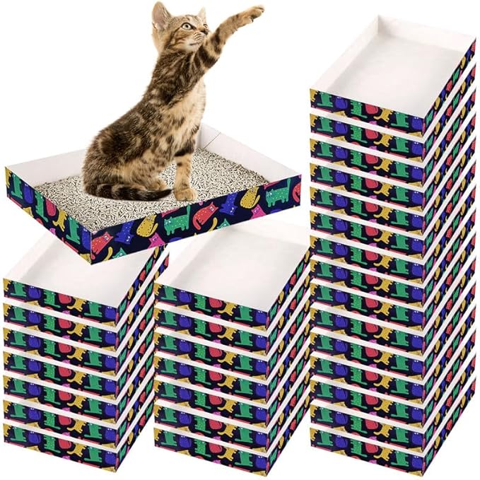 30 Pack Disposable Cat Litter Box, Foldable Paper Litter Box, Travel Cat Litter Box,Non Clumping Durable and Waterproof,Low Entry Easy Disposal,Portable(13.6x9.7x1.9 in)