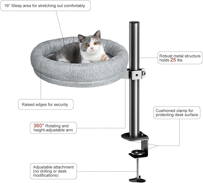 Cat Desk Bed, Desk Cat Nest Bed Round Cat Beds for Desk Indoor Cats up to 40 lbs, Comfortable Soft Pet Bed for Kitten, Cat Hammock for Desk 360° Rotation & Adjustable Height(Grey)