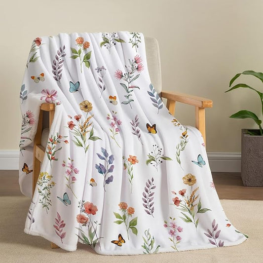 Floral Flower Throw Blanket Botanical Plant Throw Blankets Colorful Flannel Fleece Throw Blankets Watercolor Butterfly Cozy Fuzzy Plush Blanket for Bed Chair Couch 50" X 60"