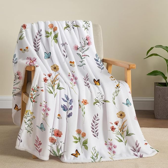Floral Flower Throw Blanket Botanical Plant Throw Blankets Colorful Flannel Fleece Throw Blankets Watercolor Butterfly Cozy Fuzzy Plush Blanket for Bed Chair Couch 60" X 80"