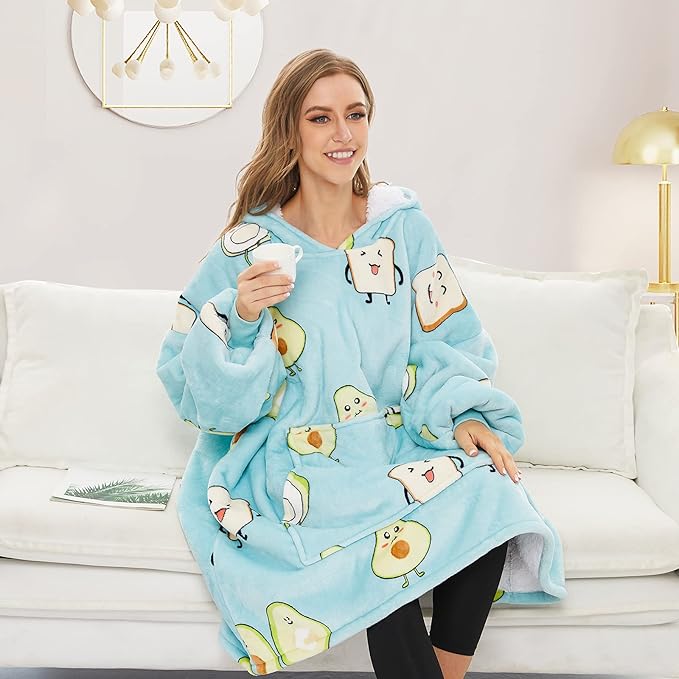 THREE POODLE Wearable Blanket Hoodie for Women, Oversized Sherpa Sweatshirt Blanket for Adults Men, Warm Cozy Avocado Hooded Blanket, Gifts for Mom Girlfriend Sister