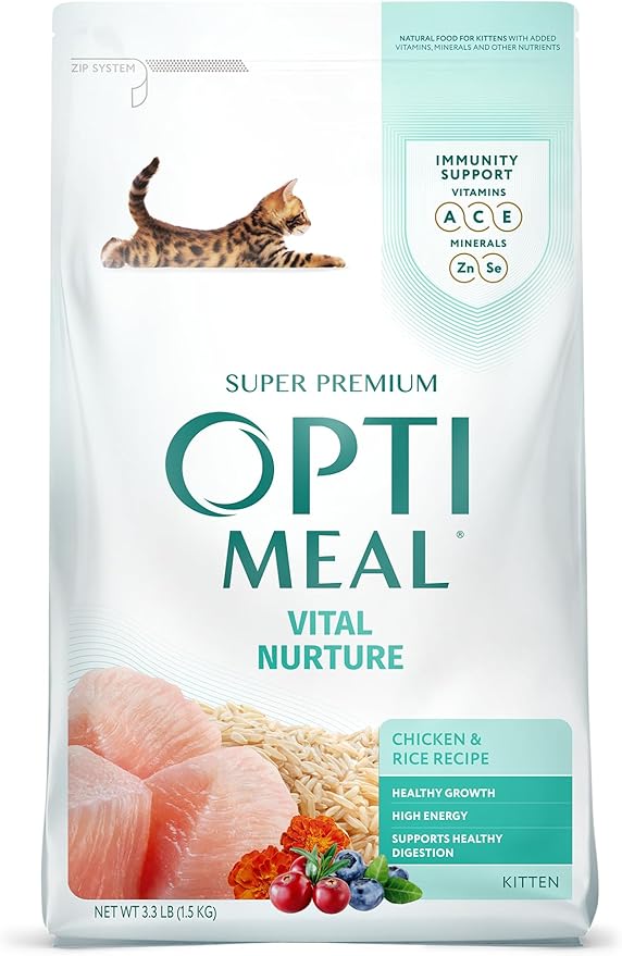 Optimeal Vital Nurture Kitten Food - Kitten Food Dry Chicken and Rice Recipe for Healthy Growth, High Energy, and Healthy Digestion and Immunity Support, Pack of 2 Cat Food Carton Tubes 1.4lbs Each