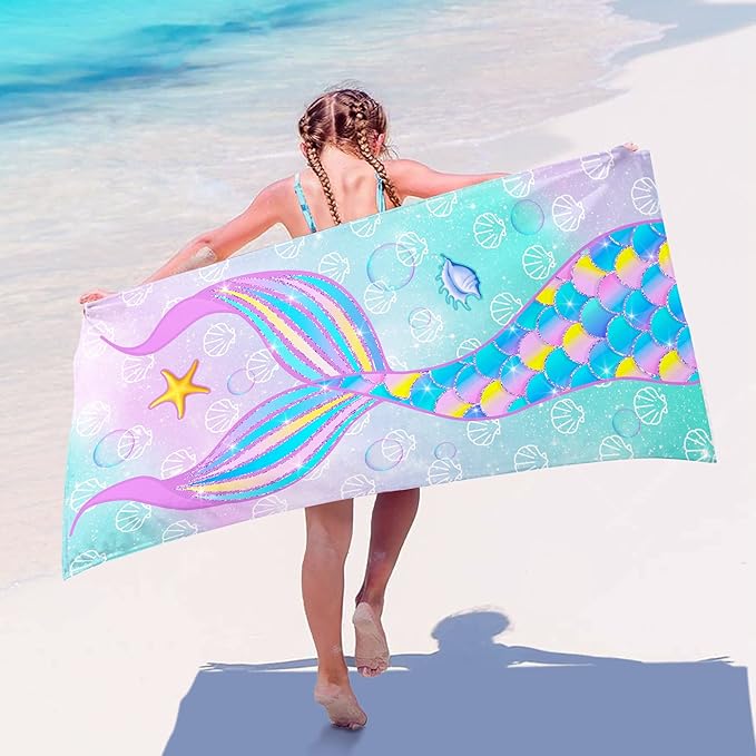 Bonsai Tree Mermaid Beach Towel, Microfiber Bath Towel for Girls and Women, Teal Tail Scale Sand Free Quick Dry Travel Towels for Kids Yoga Sports 30" X 60"