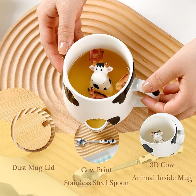 BigNoseDeer Cute Ceramic Cow Mug with 3D Cow Inside,Cow Print Coffee Mug,Cute Mugs with Lid Spoon,Cute Stuff Cool stuff Birthday Gifts Anime Gifts for Women Girlfrend Kids13oz