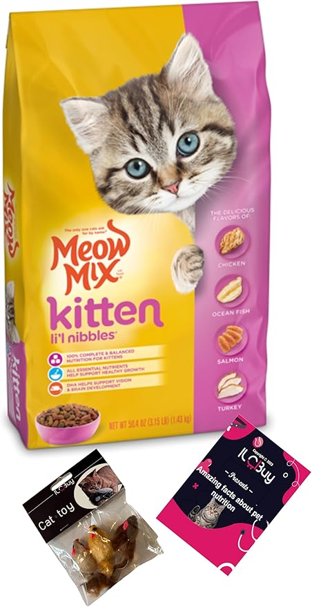 Meo Mix cat Food Dry Bundle, Includes 01 Bag Meo Mix Kitten (3.15 lb), 01 kit with 3 Mouse Toys and a Booklet.