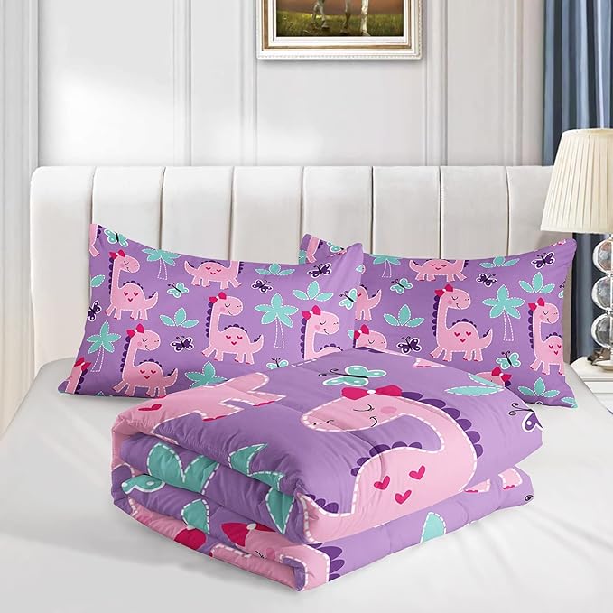 Axolotl Cute Dinosaur Comforter Set Twin Size,Girls Bedding Cartoon Dinosaur Bedding Set for Girls Teens Kids Boys Adults Room Decor,Kids Comforter Set All Season,1 Quilt 2 Pillow Cases,Purple