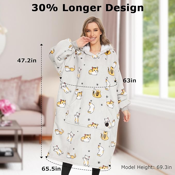 THREE POODLE Wearable Blanket Hoodie, Oversized Long Sherpa Sweatshirt Blanket for Adults Women Men, Warm Cozy Cat Hooded Blanket, Gifts for Mom Girlfriend