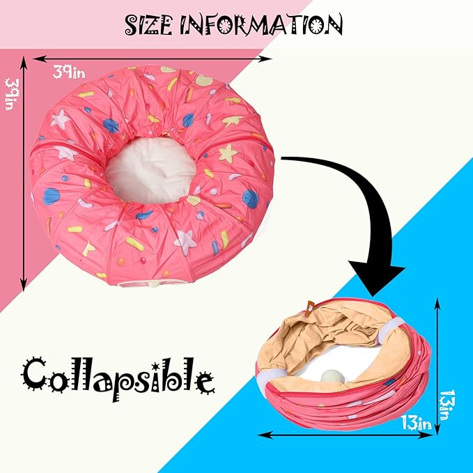 LUCKITTY Large Cat Donut Tunnel, Big Cat Tunnel Bed,Fluffy Toy Balls, Small Cushion and Flexible Design- 12 inch Diameter, Great for Cats, and Small Dogs,Pink