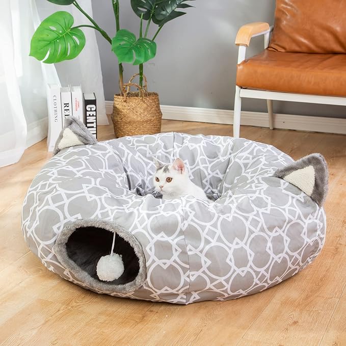 LUCKITTY Geometric Cat Tunnel Bed Oxford Outside with Plush Inside,Cats Toys Collapsible Tunnel Tube with Balls, for Rabbits, Kittens, Ferrets,Puppy 3FT