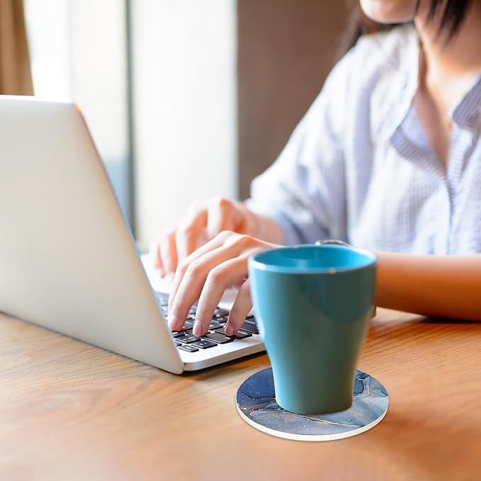 Blue Marble Fluid Set of 6 Coasters for Drinks Absorbing Round Ceramic Stone Coaster with Cork Base,Tabletop Protection Mat for Mugs and Cups,Office,Kitchen
