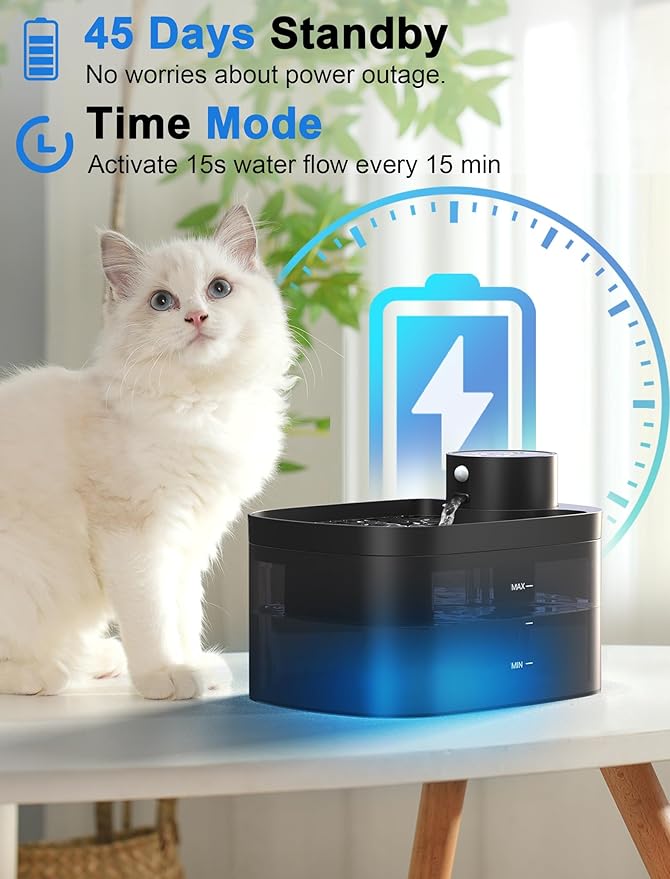 Battery Operated Cat Water Fountain, 84OZ/2.5L Wireless Pet Water Fountain for Cats Indoor, Cat Fountain with Motion Sensor, Ultra Quiet Pump, Black (Black)
