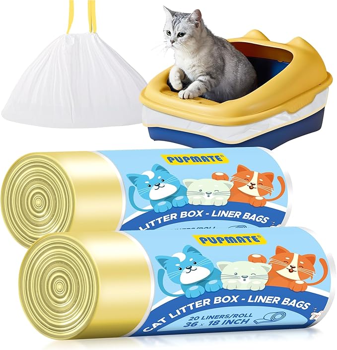40 Count Large Cat Litter Box Liners, 36" x 18" Jumbo Heavy Duty Liner Bags with Drawstring, Scratch-Resistant, Leak Proof, Pet Kitty Pan Trays Waste Bags