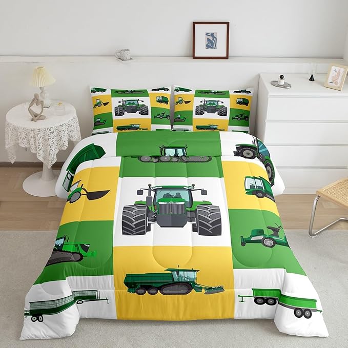 Boys Tractor Comforter Set King Kids Equipment Trucks Bedding Sets For Teens Bedroom Under Construction Quilt Set Excavator Vehicle Car Bedding Farmhouse Harvester Quilted Comforter,Green Yellow