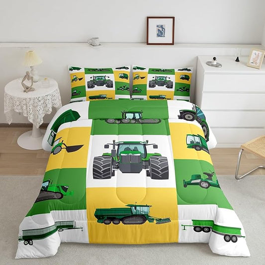 Boys Tractor Comforter Set King Kids Equipment Trucks Bedding Sets For Teens Bedroom Under Construction Quilt Set Excavator Vehicle Car Bedding Farmhouse Harvester Quilted Comforter,Green Yellow