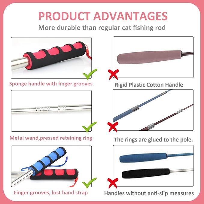 Cat Fishing Pole for Indoor Cats,Interactive cat Toys with Colorful Feather and Bell. (Red)