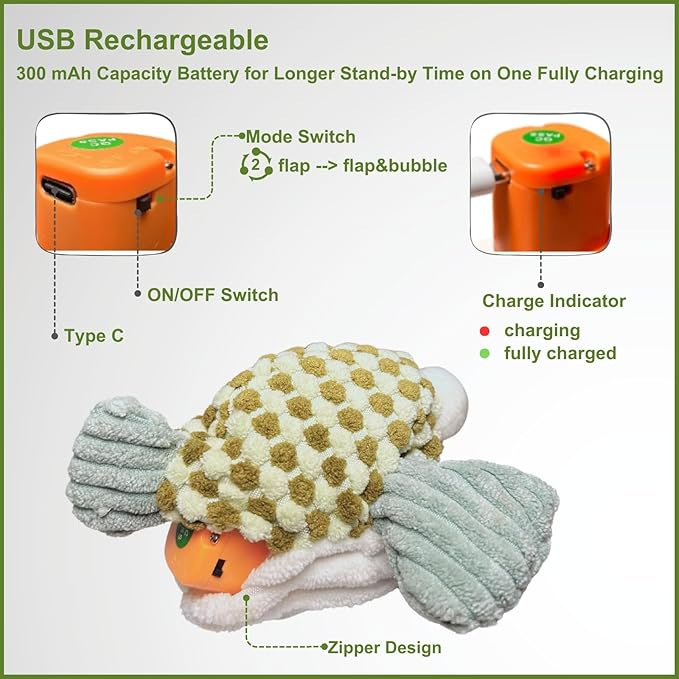 Interactive Flapping Bird Cat Toys, Rechargeable, Touch Activated, Catnip, Chirping Bird Toys for Indoor Cats and Kittens (Puffer Fish)