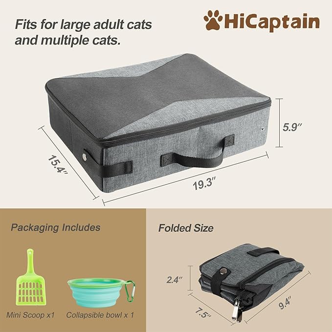 HiCaptain Travel Litter Box for Cat with Lid and Handle Standard Portable Collapsible Litter Carrier for Cat (L,Black/Gray)