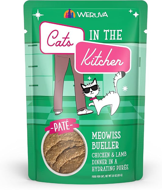 Weruva Cats in The Kitchen Slide N' Serve Grain-Free Natural Wet Pate Cat Food Pouches, Meowiss Bueller, 3oz Pouch (Pack of 12)