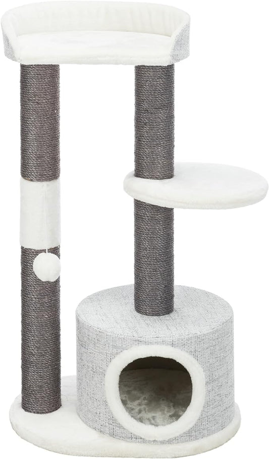 TRIXIE Pilar Cat Scratching Post 39.4 Inch - with Durable Sisal Rope (Gray) and Condo, Two Platforms, Top Platform with Backrest & Dangling Cat Toy - in Gray