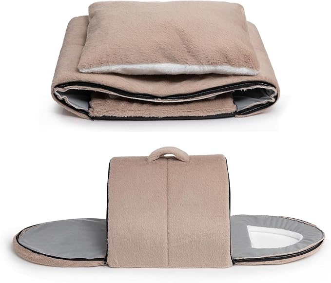 Hollypet Fluffy Cat Bed, 2 in 1 Foldable Cave House Animal Shaped Nest Pet Sleeping Bed, Light Brown