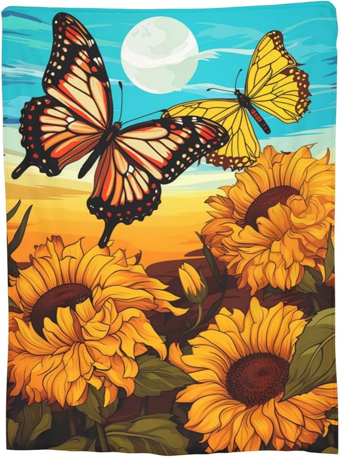 Butterfly Sunflower Blanket Gifts for Grils Women Sunshine Floral Flannel Throw Blankets for Home Couch Bed Sofa Soft Fuzzy Lightweight Decor All Season 60x50 Inches