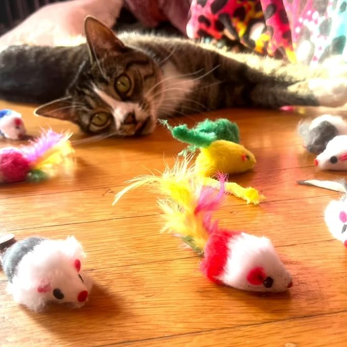 Smokey's Stash Faux Fur Cat Mice Toy 12 Per Pack Realistic Small Mouse with Rattle and Catnip Safe for Adult Cats and Kittens Multi Half Color Half White