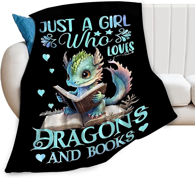 Just A Girl Who Love Dragons and Book Blanket Dragons Gifts for Girls Boys Woman Kids Read Lover Throw Blankets Soft Blanket Warm Fleece Flannel Plush Blankets for Bed Sofa Couch 60"x80"