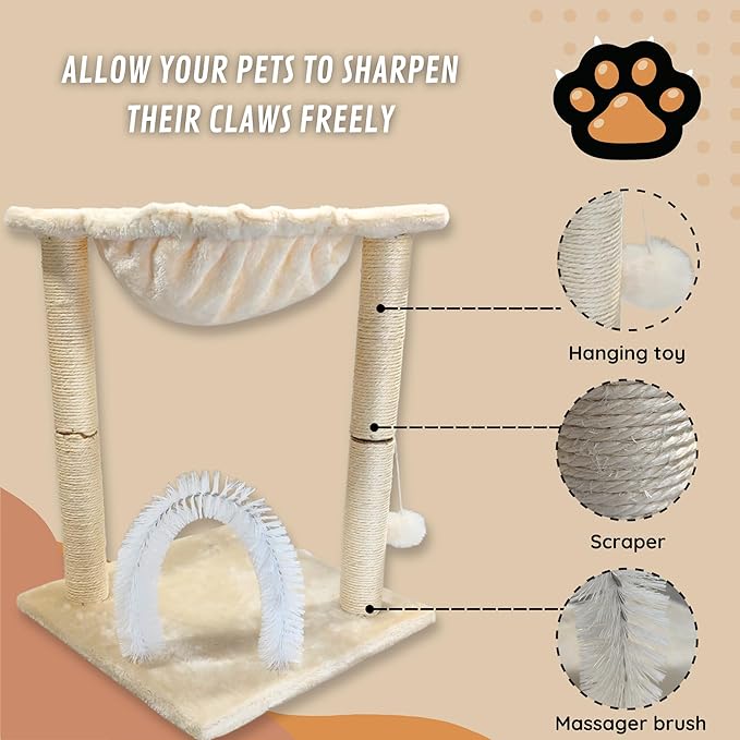 POLIPETS 19” Tall Cat Tower with Hammock,Sisal Scratching Posts and Pets Self Groomer Massager, Soft Hanging Basket Perch Hammock,Indoors Cat Furniture 16x15”, Beige
