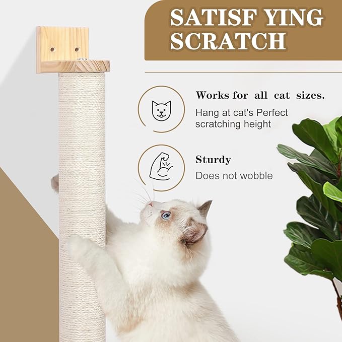 Wall Mounted Cat Scratching Post - 21'' Wooden Sisal Cat Scratcher,Hemp Rope Scratcher Posts for Indoor Cats or Kittens- Cute Modern Wall Mounted Cat Furniture