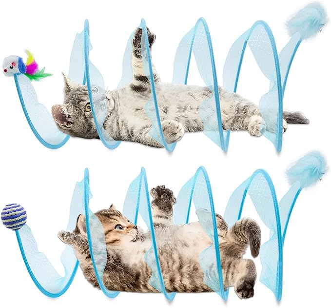 2 Packs Folded Cats Tunnel, Kitten Tunnel for Indoor Cats Collapsible Large Tubes Played Tunnel Spring Cute Foldable Pet Tunnel Bed Interactive Toy with Toys Feather Mouse Hemp Ball Blue