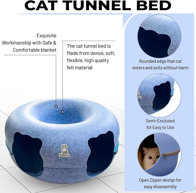 Peekaboo Cat Tunnel Bed-Large, Scratch-Resistant Donut Cave for Indoor Cats Up to 30-45 lbs, Detachable & Washable Design, Perfect Cozy Play & Rest Spot for Cats and Small Dogs (Blue, Large)