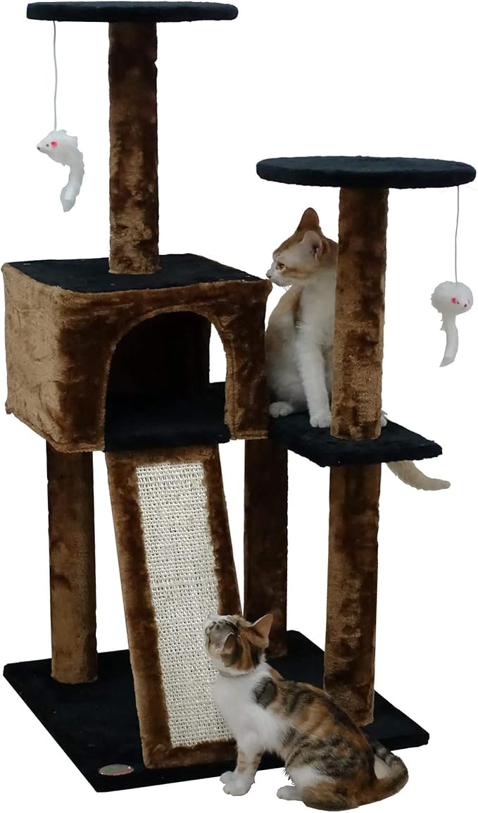 Go Pet Club Everyday Value 44in Corner Cat Tree Kitty Scratcher Tower Kitten Condo House Furniture with Scratching Board & Hanging Toys for Indoor Cats, Brown/Black