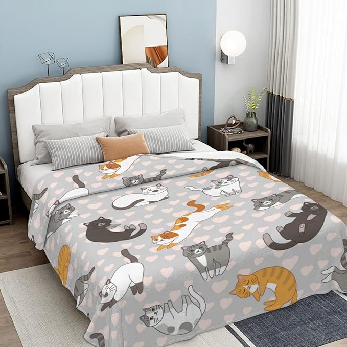 Cute Cat Kawaii Kitten Blanket, Soft Blankets Flannel Bed Throw Cozy Lightweight Plush Gifts for Kids Boys Girls Women Men Sofa Couch Bedroom Living Rooms Warm All Season, Home Decor, 80"x60"