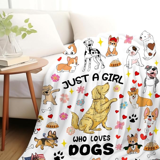 Dog Mom Blanket Just A Girl Who Loves Dog Throw Blanket Gifts for Cat Lovers Soft Flannel Animals Pet Pattern Gift for Kids Adults 60"X50"