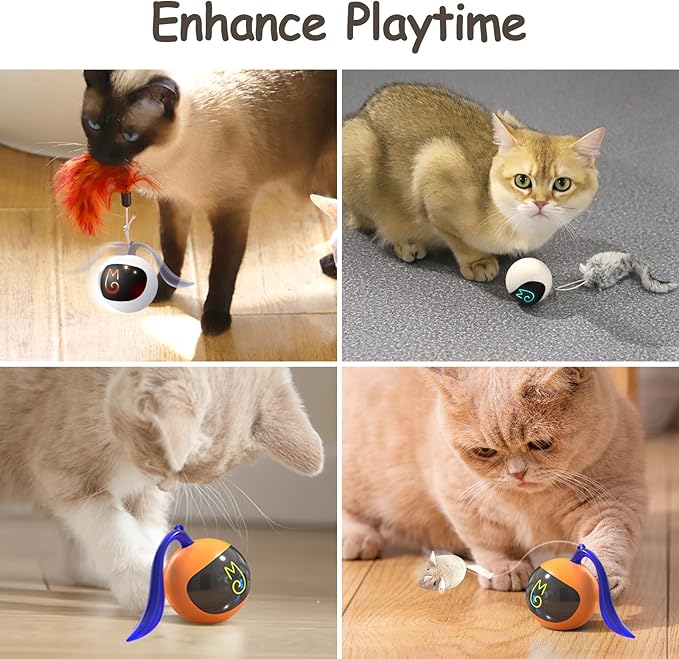 Migipaws Interactive Cat Ball Toy Set, Fun Tracker, Glowing Chase Ball with MystiChaser Pouch, Fluffy Tail, A Small Mice (Orange)