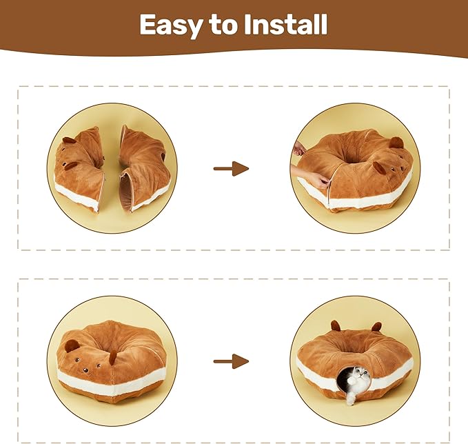 FUKUMARU Cat Tunnel Bed for Indoor Cats, Bagel Donuts Cat Tunnel Toys with Crinkle Paper Ears, Round Pet Play Tunnel Toy for Kitten and Rabbit, Cat Hideway Interactive Toys, Collapsible&Washable