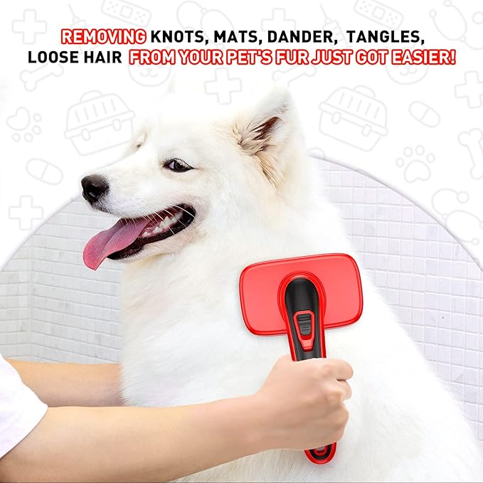 Self Cleaning Slicker Brush for Shedding Long Short Haired Dogs & Cats, Remove Loose Tangling Knot Undercoat Fur Mats, Grooming Brush with Retractable Bristles for Small Medium Large Pet, Red
