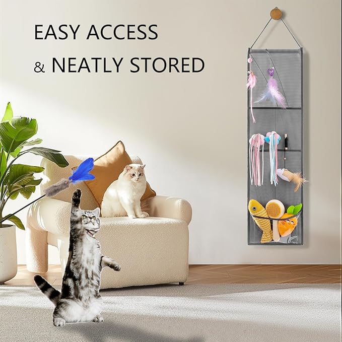 Hanging Cat Wand Holder Kitten Stick Toy Storage Bag Cat Accessories Organizer for Indoor Cats (Fabric Pockets)