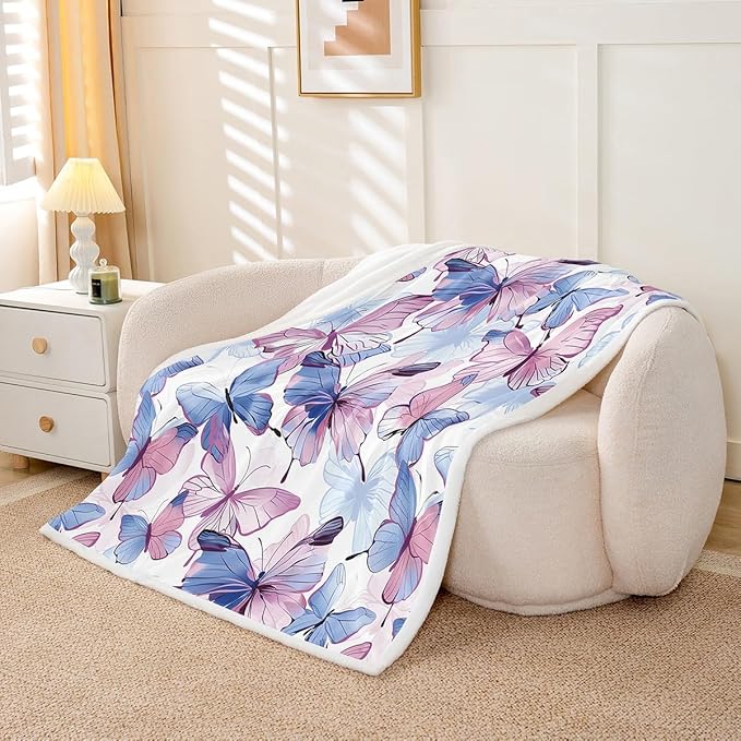 Butterfly Plush Blanket Butterflies Print Fleece Throw Blanket for Sofa Couch Bed Flying s Pattern Sherpa Blanket 3D Animal Theme Fuzzy Blanket Purple Blue Room Decor Twin 60x80 Inch